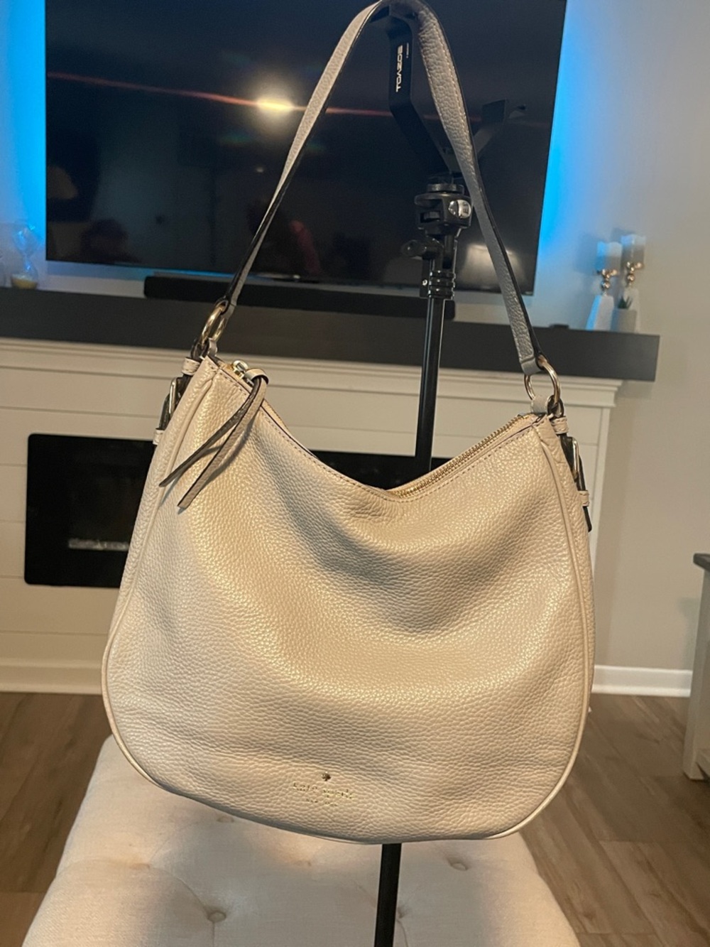 kate spade Gray Pebbled Leather Shoulder Hobo with Black Strap